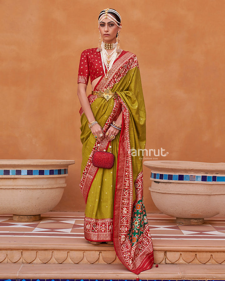 Lime Green Zari Weaving Red Border Saree in Patola Silk with Unstitched Blouse 01