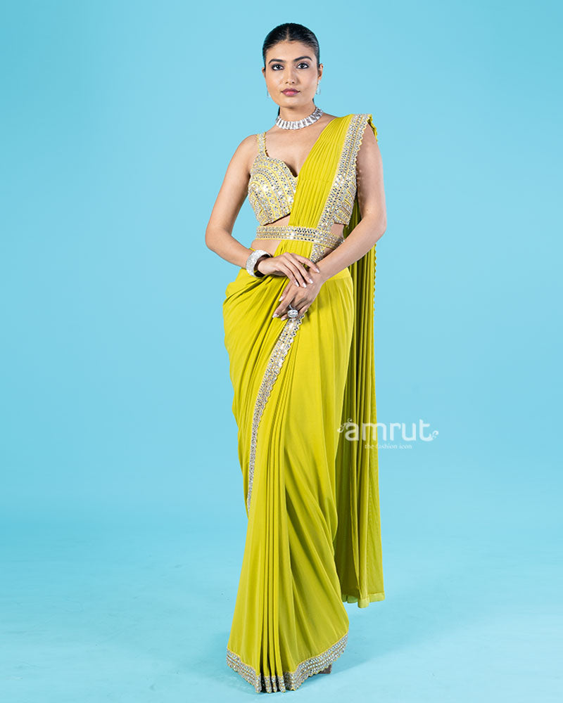 Lime Yellow Ready-to-Wear Saree with Mirror Embellished Blouse and Belt