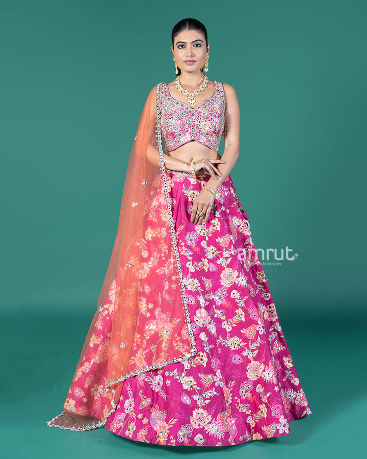Magenta Mirror Embellished Lehenga Choli with Orange Dupatta 01