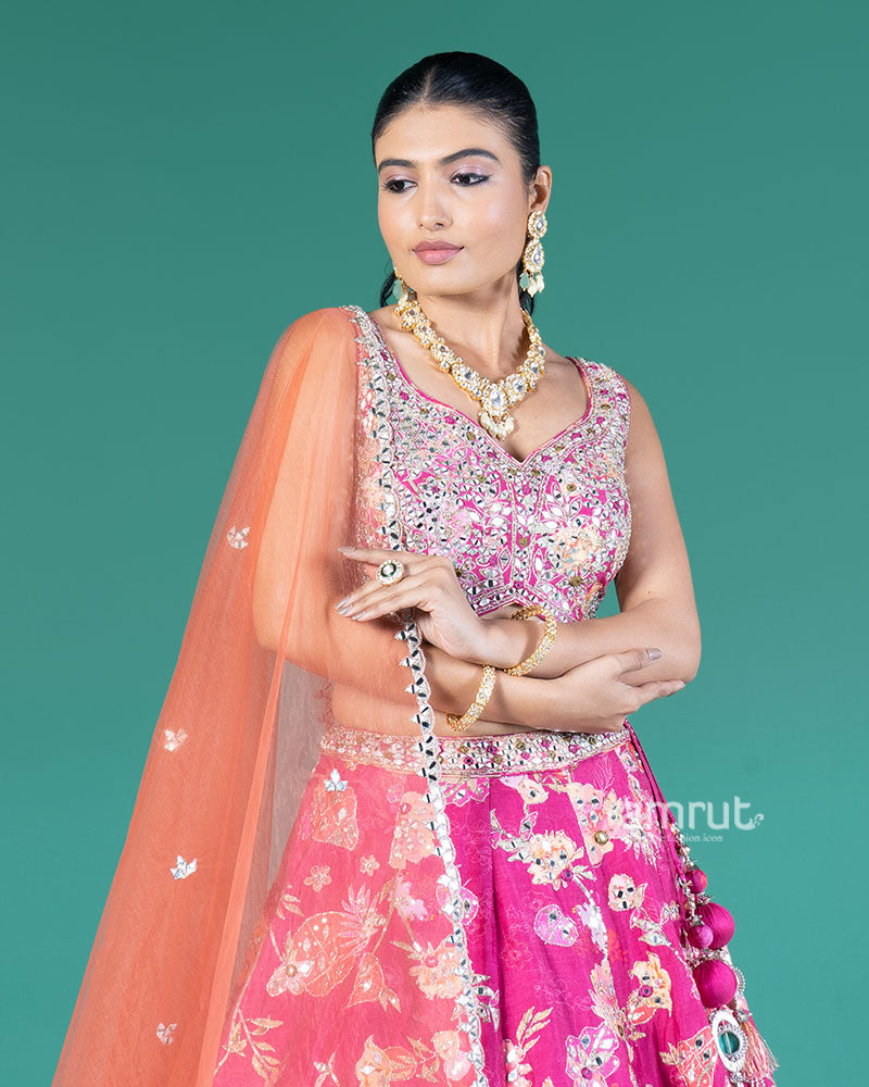 Magenta Mirror Embellished Lehenga Choli with Orange Dupatta 02