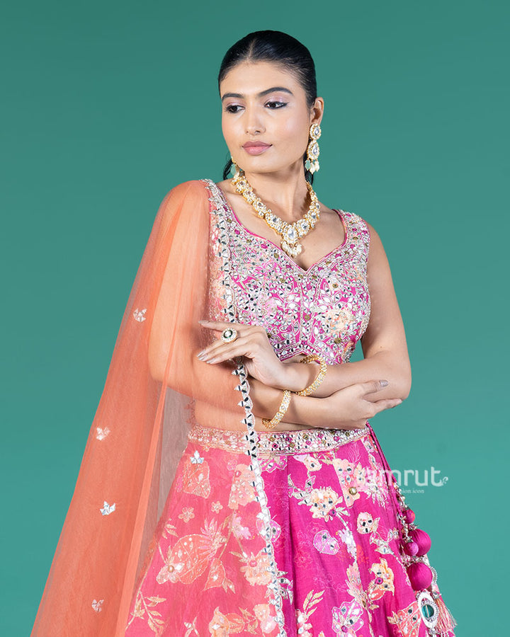 Magenta Mirror Embellished Lehenga Choli with Orange Dupatta 02