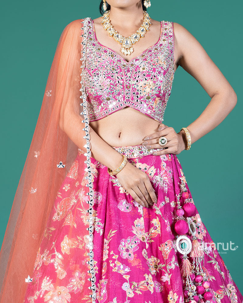 Magenta Mirror Embellished Lehenga Choli with Orange Dupatta 03