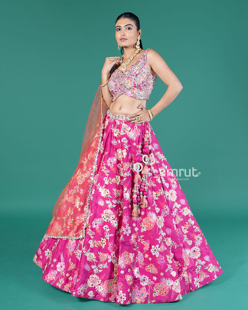 Magenta Mirror Embellished Lehenga Choli with Orange Dupatta 04