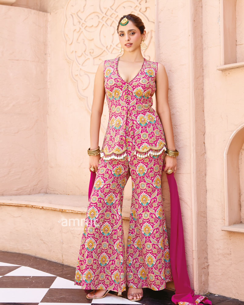 Magenta Multicolor Printed Peplum Palazzo Set With Dupatta L