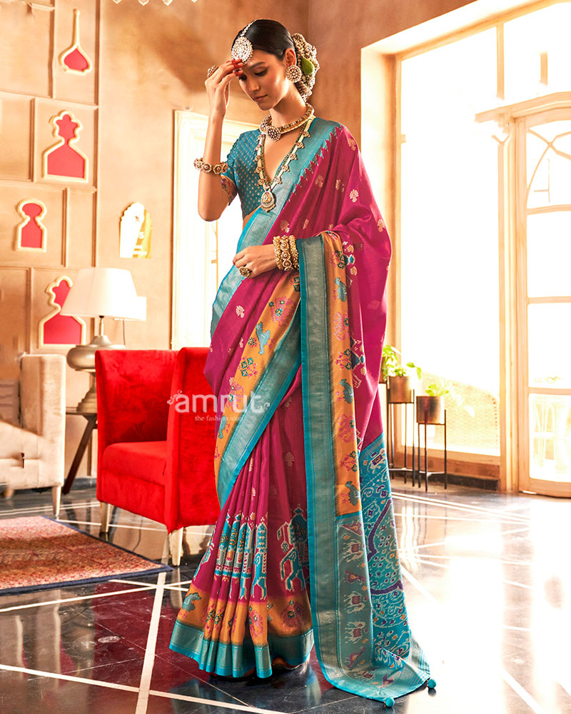 Magenta and Teal Ikat Woven Border Silk Saree with Unstitched