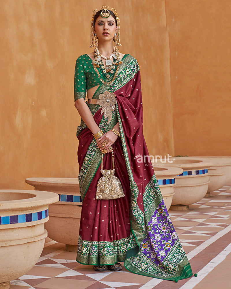 Maroon Zari Weaving Green Border Saree in Patola Silk with Unstitched Blouse 01
