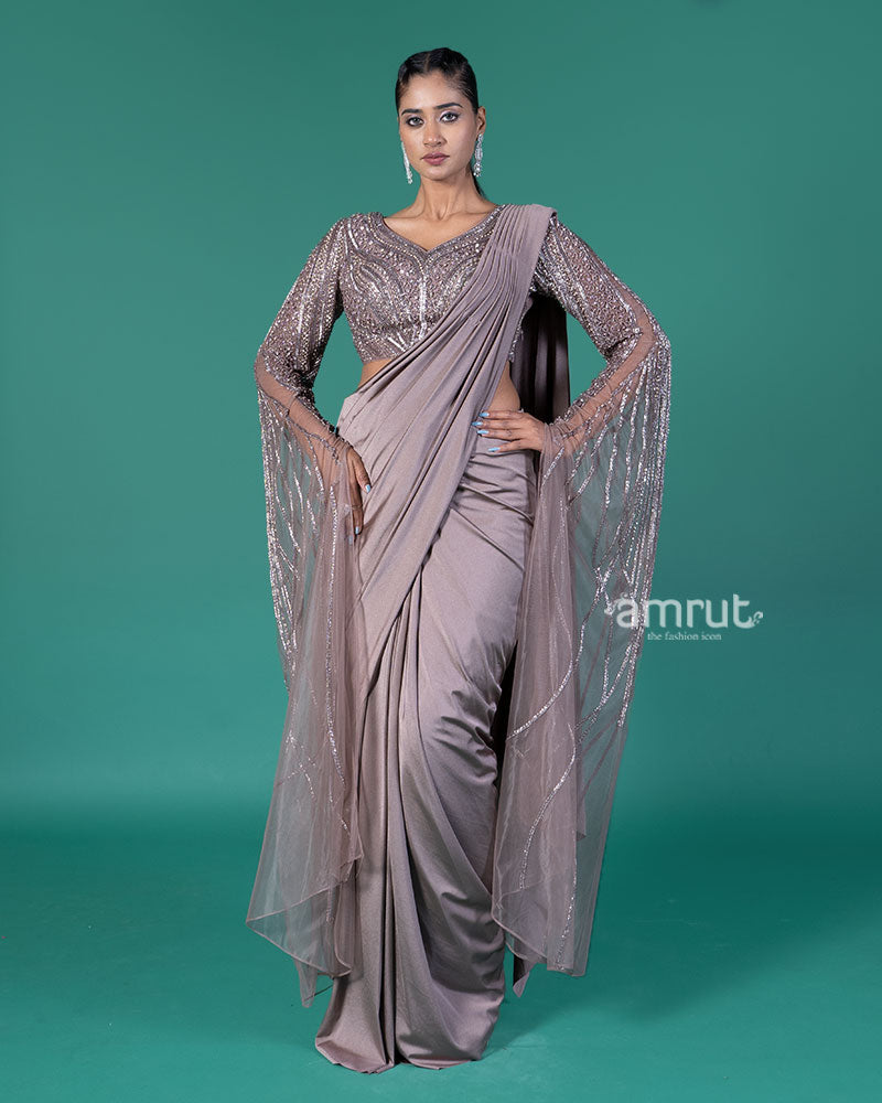 Mauve Grey Ready-to-Wear Saree with Net Sleeves Embellished Blouse