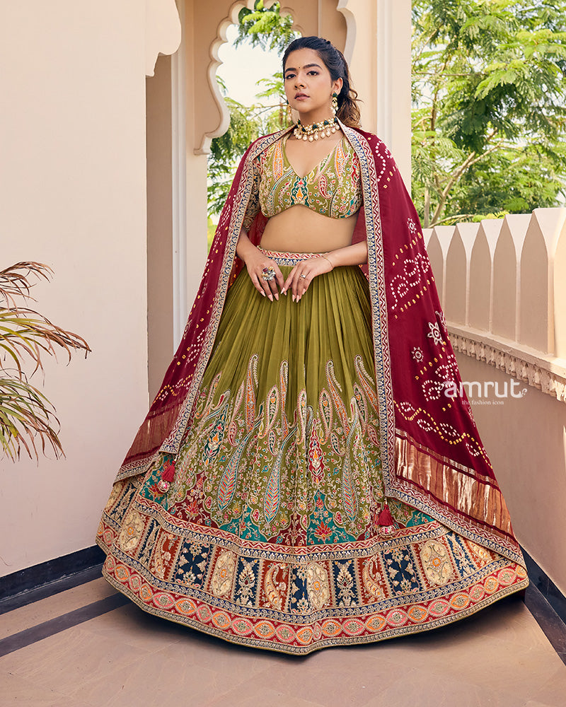 Mehendi Green Embroidered Lehenga With Maroon Bandhani Dupatta