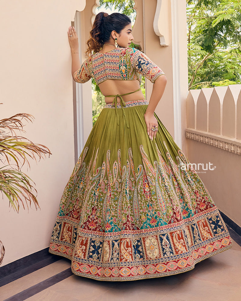 Mehendi Green Embroidered Lehenga With Maroon Bandhani Dupatta
