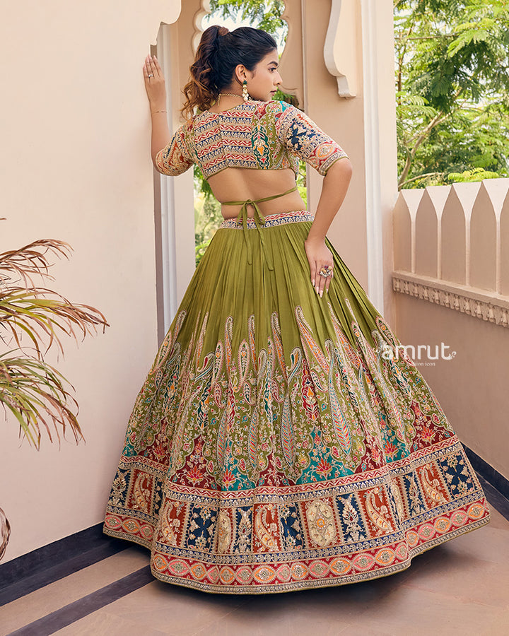 Mehendi Green Embroidered Lehenga With Maroon Bandhani Dupatta