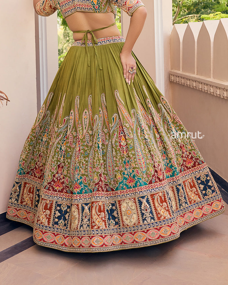 Mehendi Green Embroidered Lehenga With Maroon Bandhani Dupatta