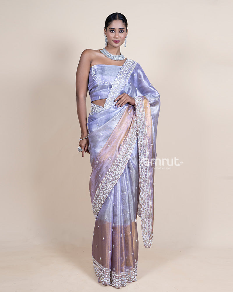 Metallic Sky Grey Tissue Saree with Cutwork Border and Unstitched Blouse 01