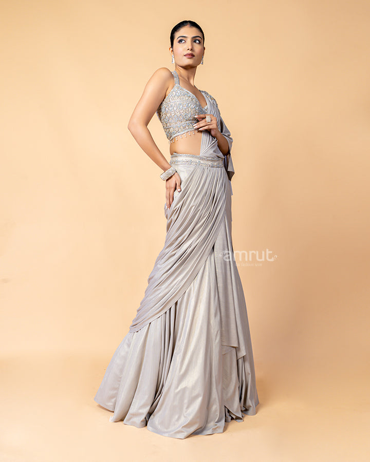 Mid-Tone Silver Ready-to-Wear saree with Embroidered Blouse