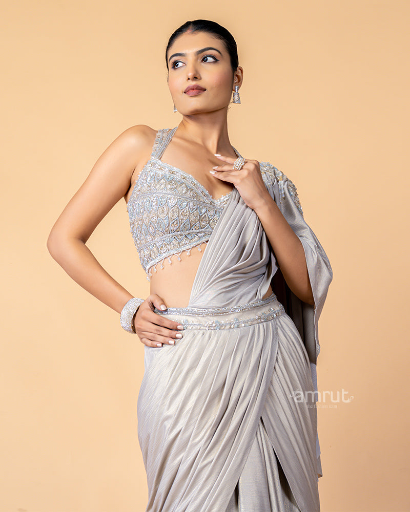 Mid-Tone Silver Ready-to-Wear saree with Embroidered Blouse