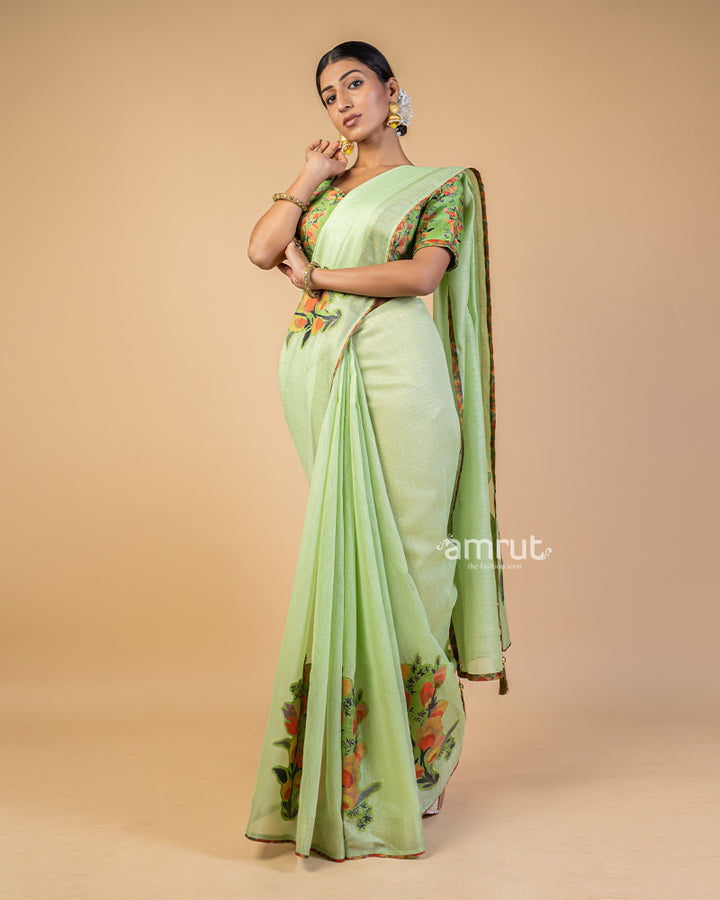 Mint Green Organza Saree With Stitched Blouse