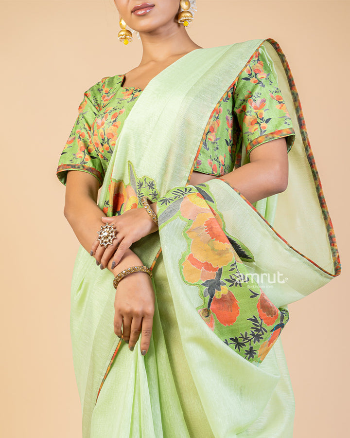 Mint Green Organza Saree With Stitched Blouse