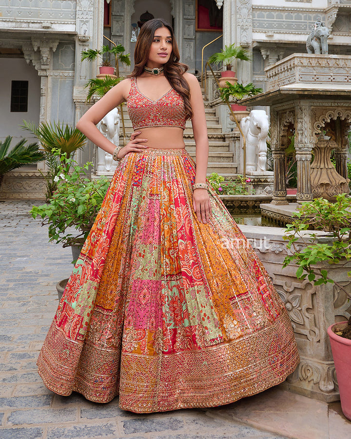Multi-Color Sequin Striped Lehenga Choli with Red Dupatta 03