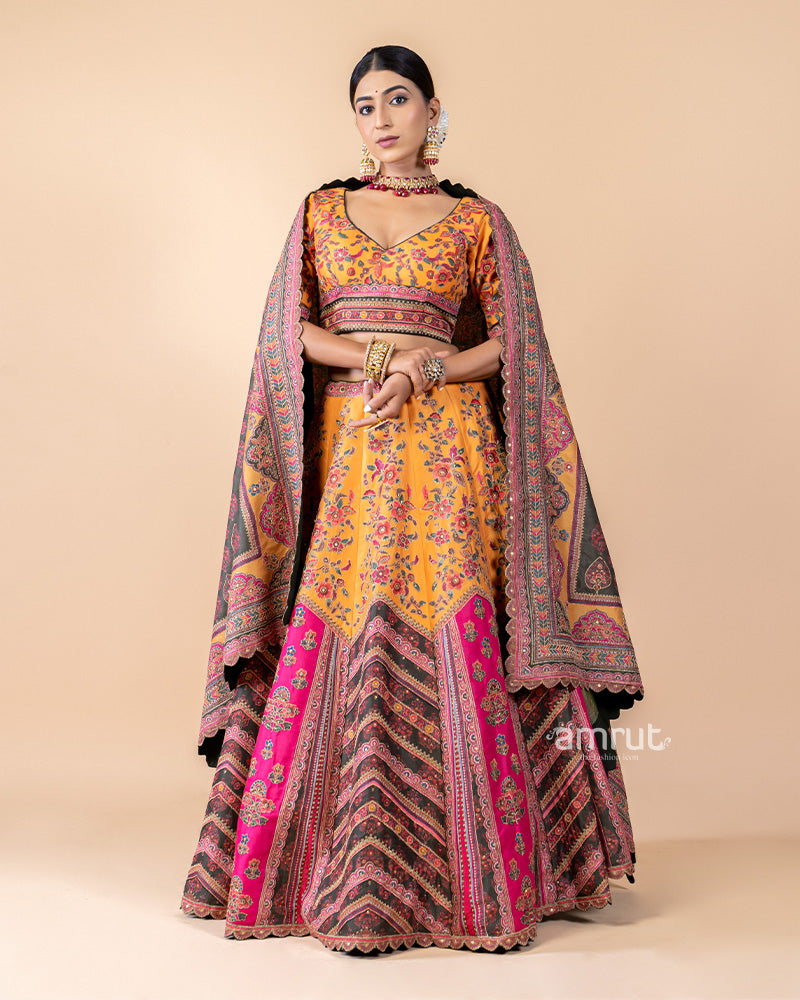 Multi-color Chanderi Silk Embroidered Lehenga Set With Dupatta