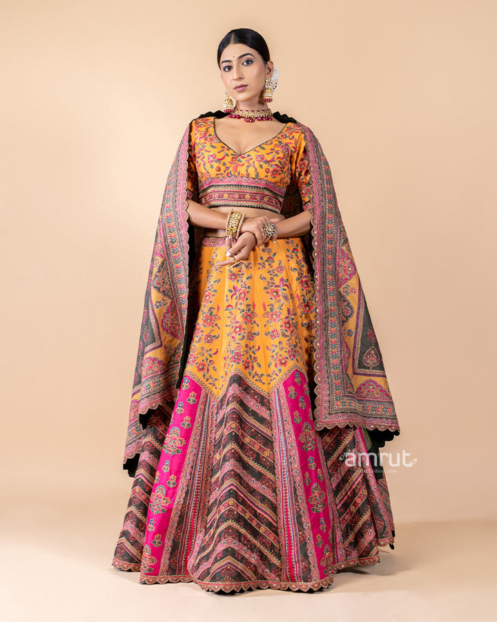 Multi-color Chanderi Silk Embroidered Lehenga Set With Dupatta