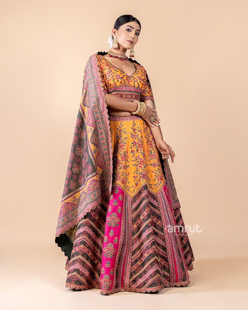 Multi-color Chanderi Silk Embroidered Lehenga Set With Dupatta