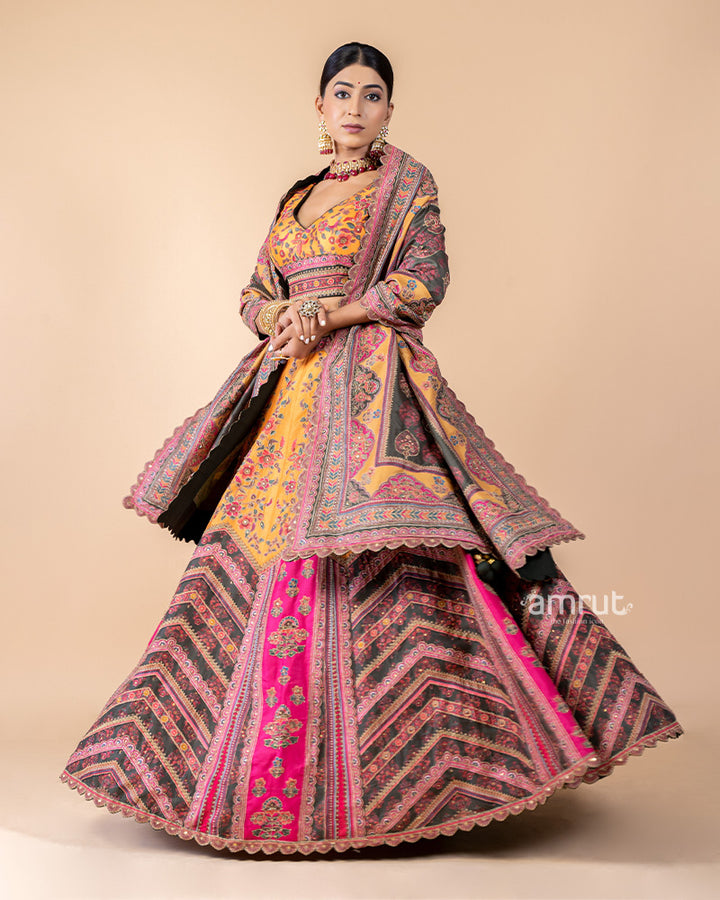 Multi-color Chanderi Silk Embroidered Lehenga Set With Dupatta