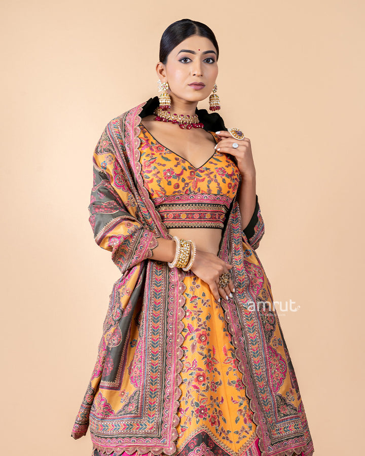 Multi-color Chanderi Silk Embroidered Lehenga Set With Dupatta