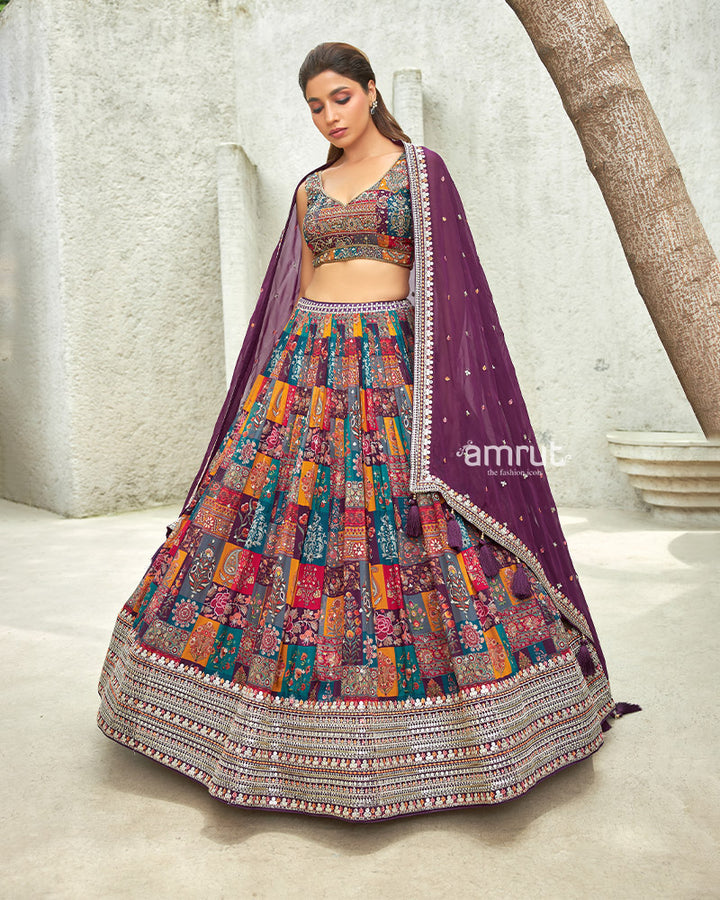 Purple Multi-color Embroidered Sequins Lehenga Crop Top With Dupatta