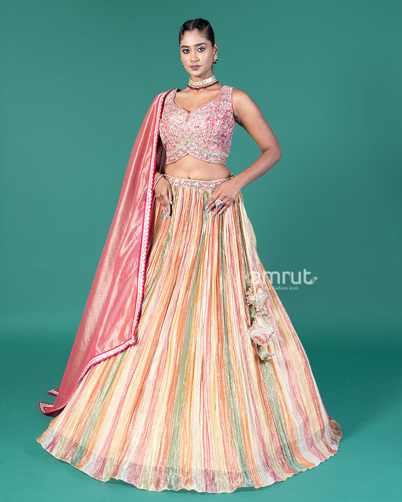 Multicolored Stripes Lehenga Pale Rose Choli with Dupatta 01