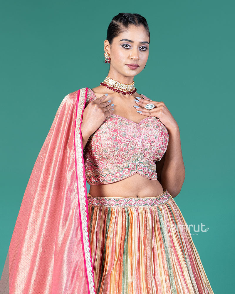 Multicolored Stripes Lehenga Pale Rose Choli with Dupatta 02