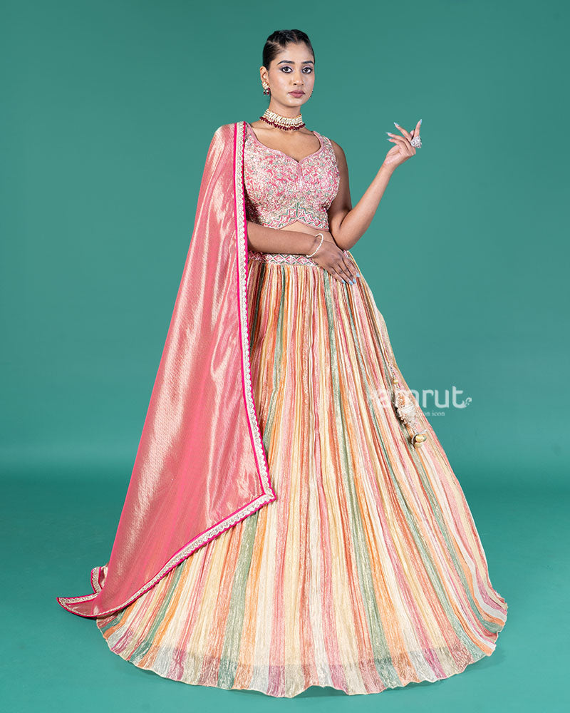 Multicolored Stripes Lehenga Pale Rose Choli with Dupatta 04