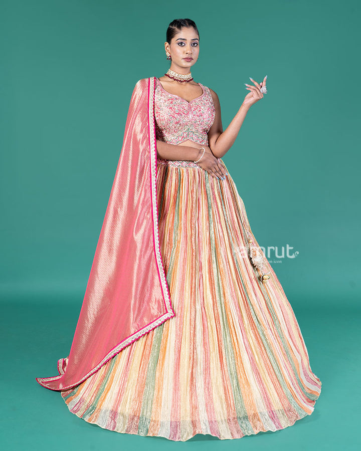 Multicolored Stripes Lehenga Pale Rose Choli with Dupatta 04