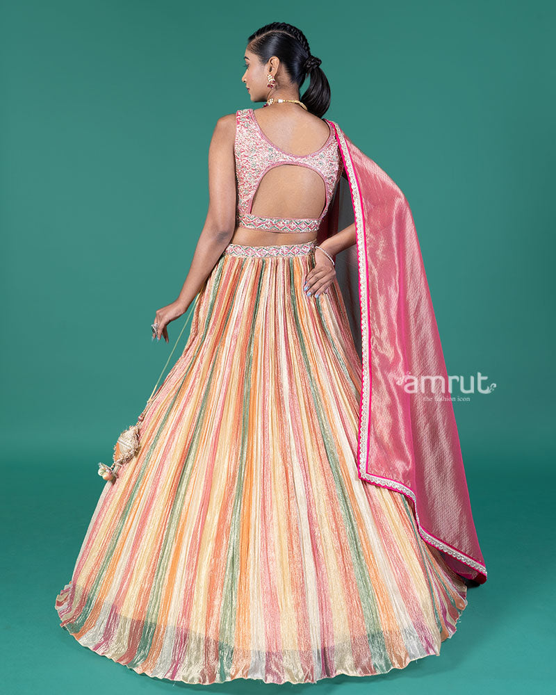 Multicolored Stripes Lehenga Pale Rose Choli with Dupatta 05