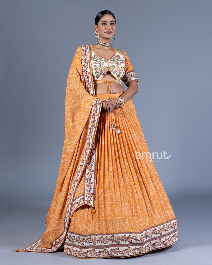 Mustard Orange Pleated Lehenga with Embroidered Cream Choli and Dupatta 01