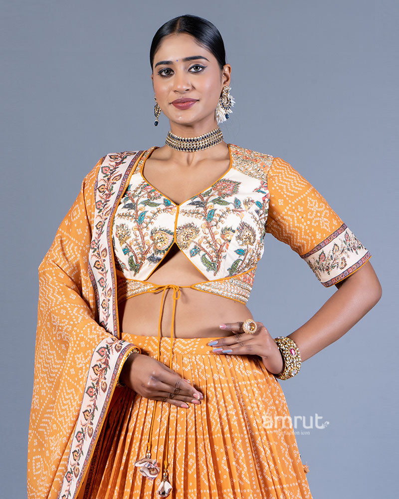 Mustard Orange Pleated Lehenga with Embroidered Cream Choli and Dupatta 02