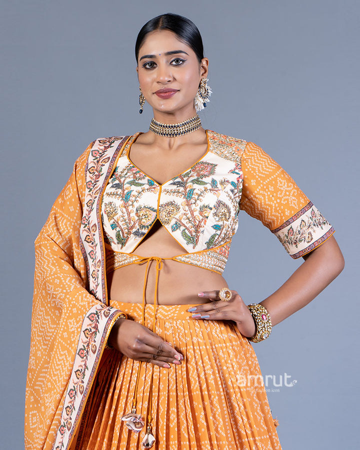 Mustard Orange Pleated Lehenga with Embroidered Cream Choli and Dupatta 02