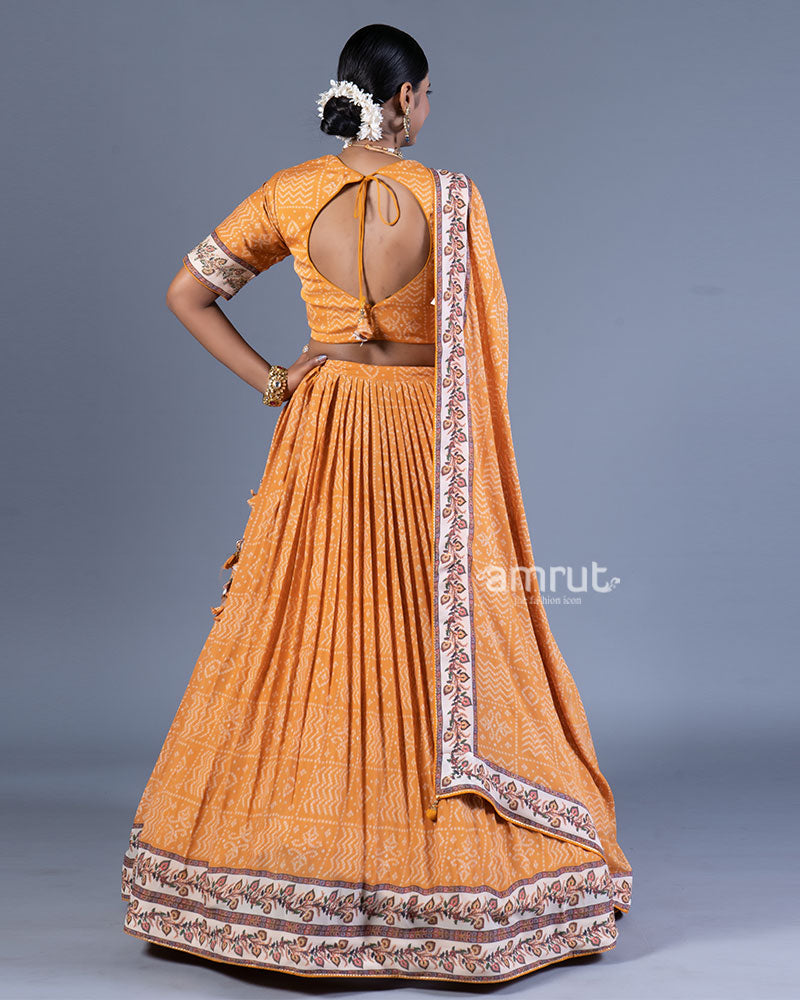 Mustard Orange Pleated Lehenga with Embroidered Cream Choli and Dupatta 03