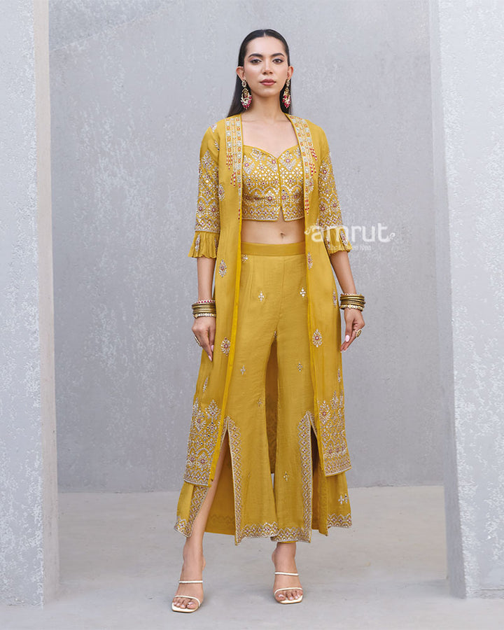 Mustard Yellow Embroidered Co-Ord Set with Long Jacket 01