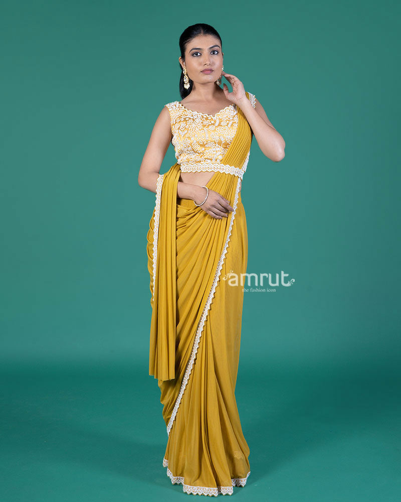 Mustard Yellow Ready-to-Wear Saree with Embroidered Sleeveless Blouse 04