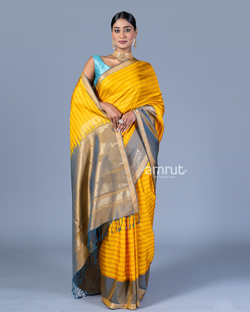 Mustard Yellow Striped Saree with Zari Gray Border Embellishment with Unstitched Blouse 01