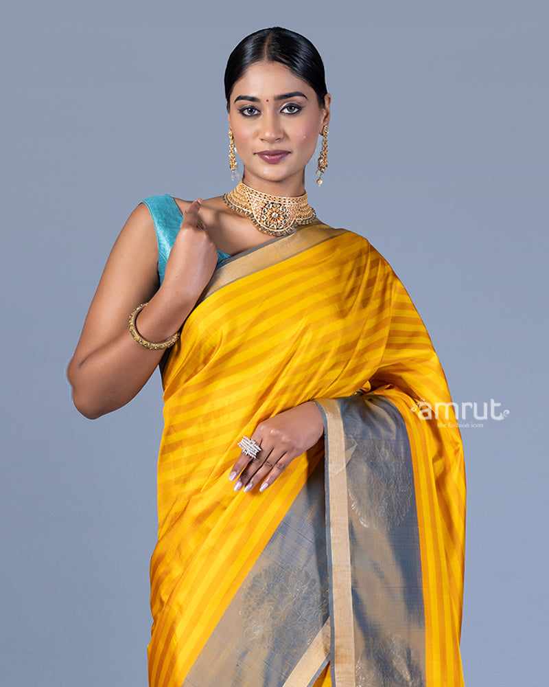 Mustard Yellow Striped Saree with Zari Gray Border Embellishment with Unstitched Blouse 02