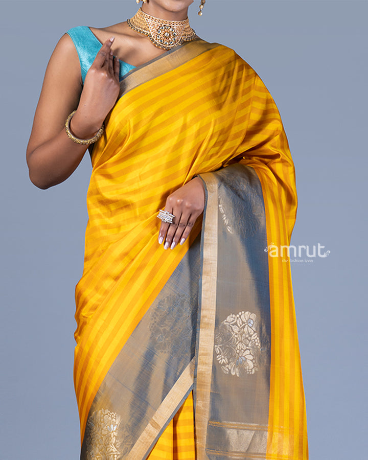 Mustard Yellow Striped Saree with Zari Gray Border Embellishment with Unstitched Blouse 03