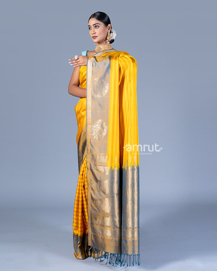 Mustard Yellow Striped Saree with Zari Gray Border Embellishment with Unstitched Blouse 04