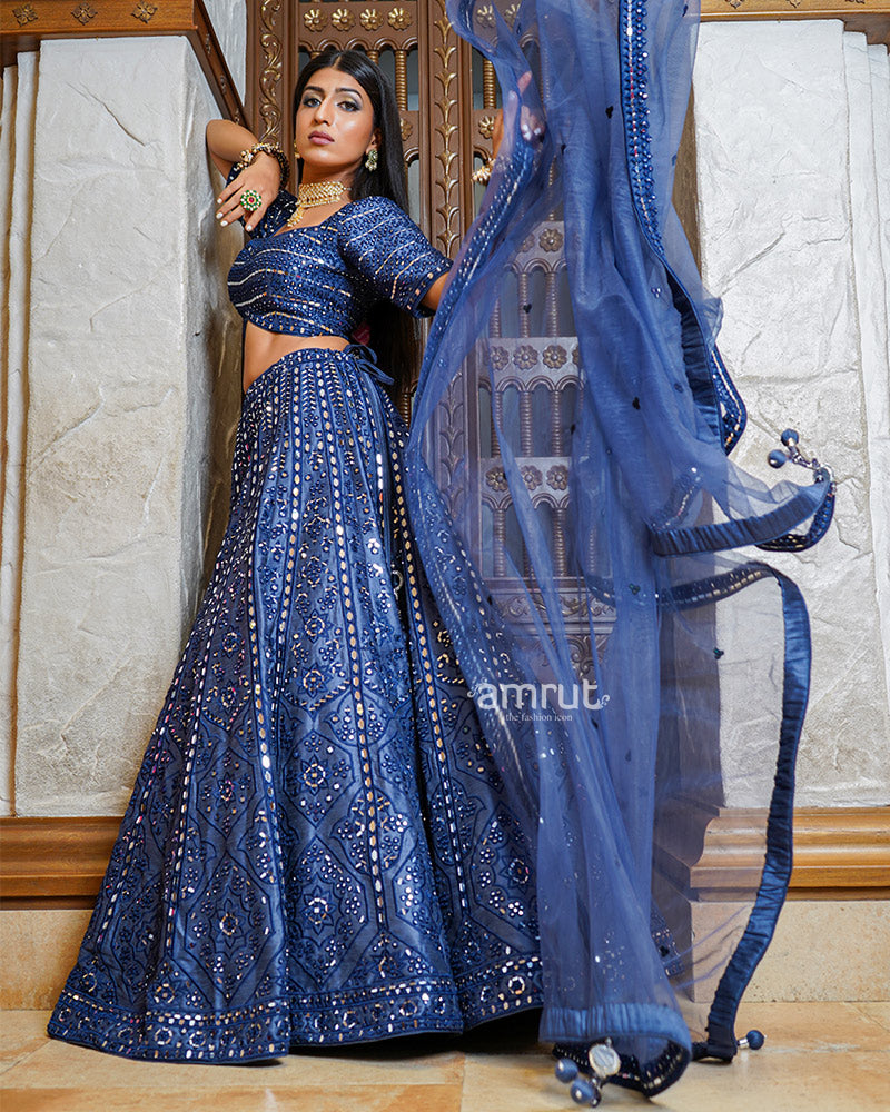Navy Blue Mirror Work Embroidered Silk Lehenga Set With Dupatta