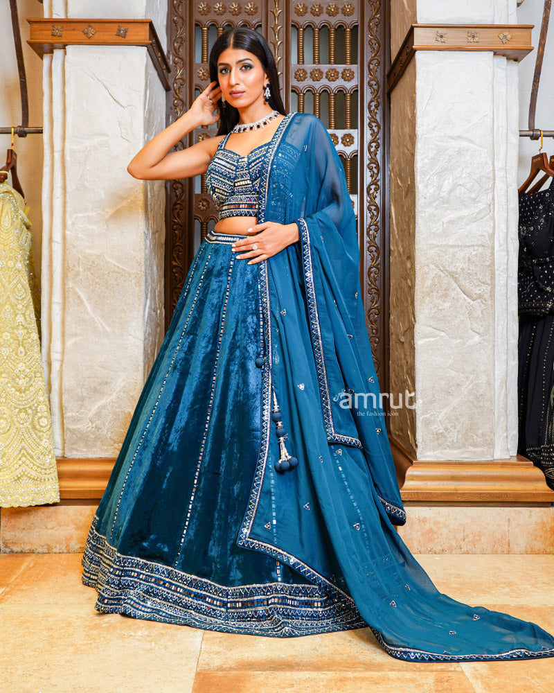 Navy Blue Mirror Work Embroidered Velvet Lehenga Set