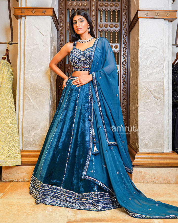 Navy Blue Mirror Work Embroidered Velvet Lehenga Set