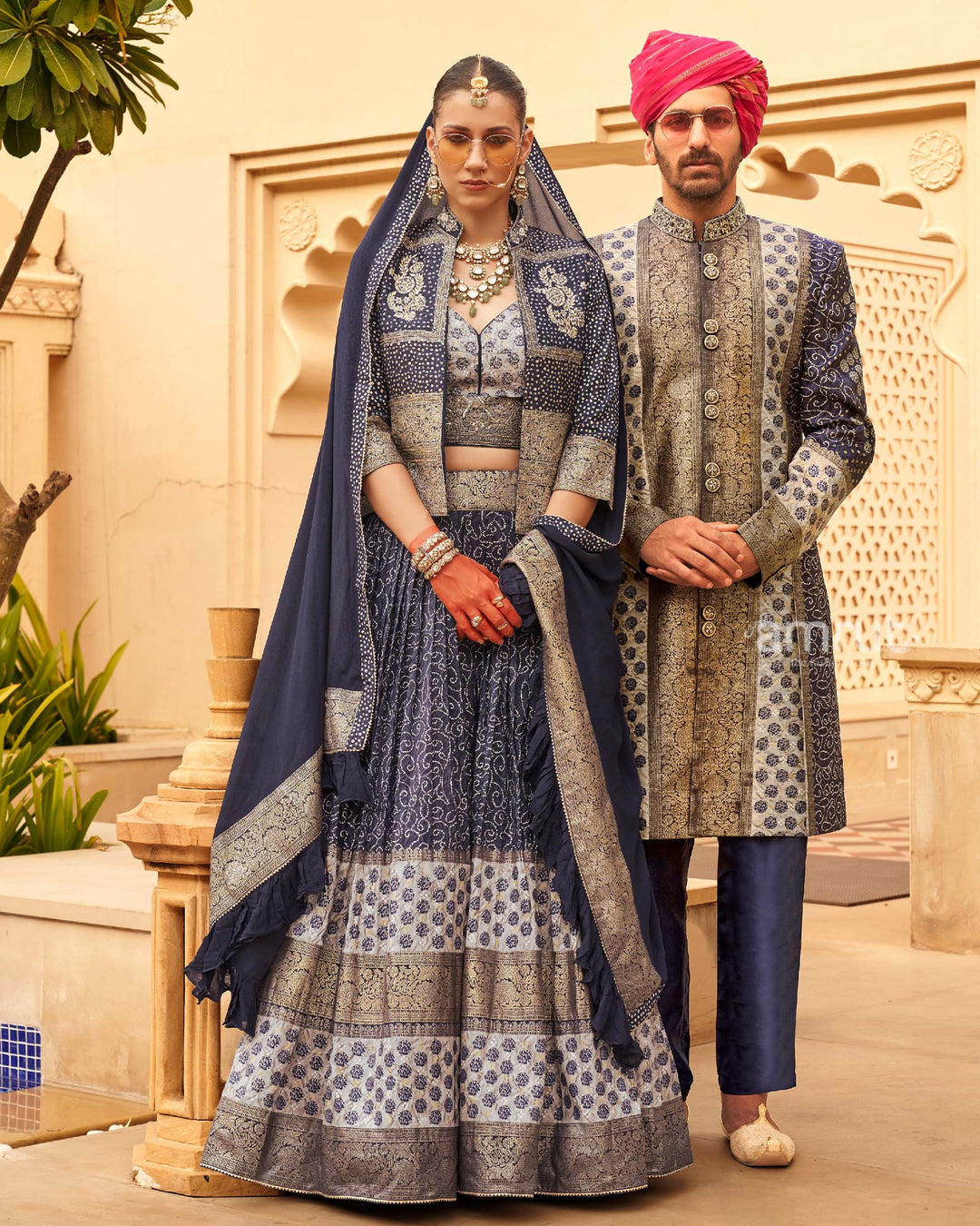 Navy Blue Printed Lehenga Set With Coat and Men Kurta Set