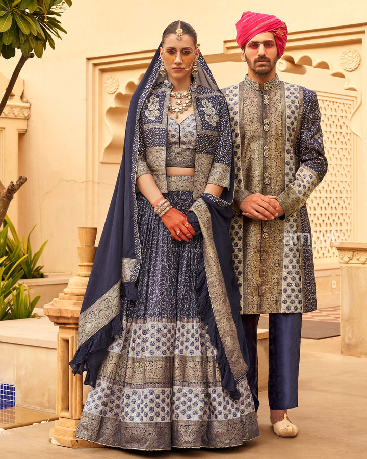 Navy Blue Printed Lehenga Set With Coat and Men Kurta Set