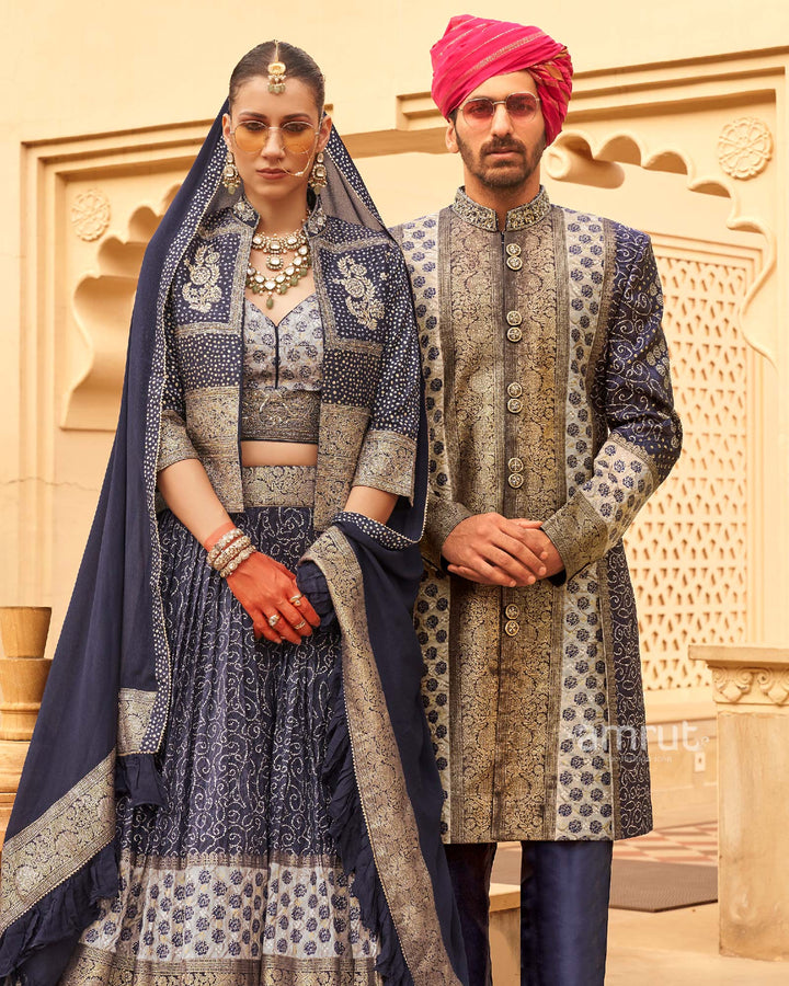Navy Blue Printed Lehenga Set With Coat and Men Kurta Set
