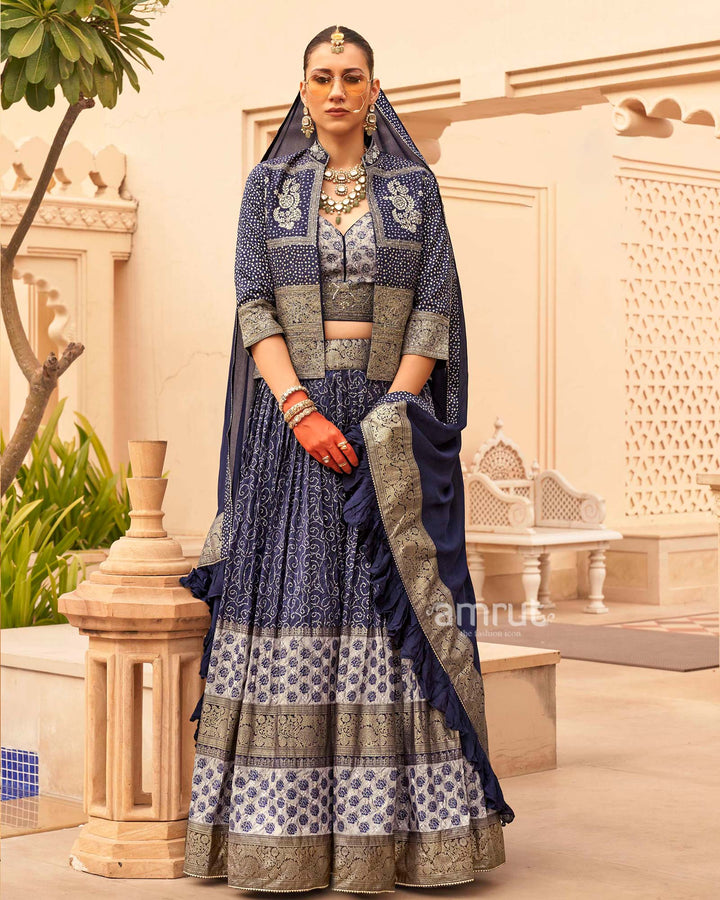 Navy Blue Printed Lehenga Set With Coat and Men Kurta Set
