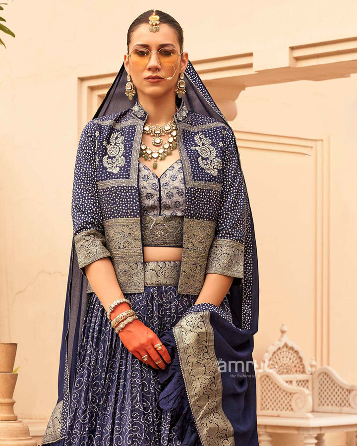 Navy Blue Printed Lehenga Set With Coat and Men Kurta Set